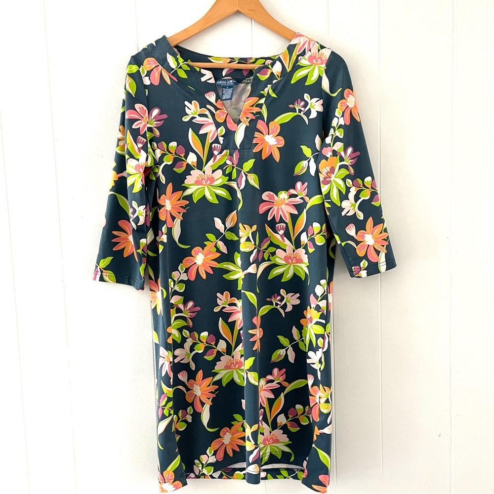 Carribean Joe UPF 50 Blue Floral Dress 3/4 Sleeves Women’s M Beach Vacation